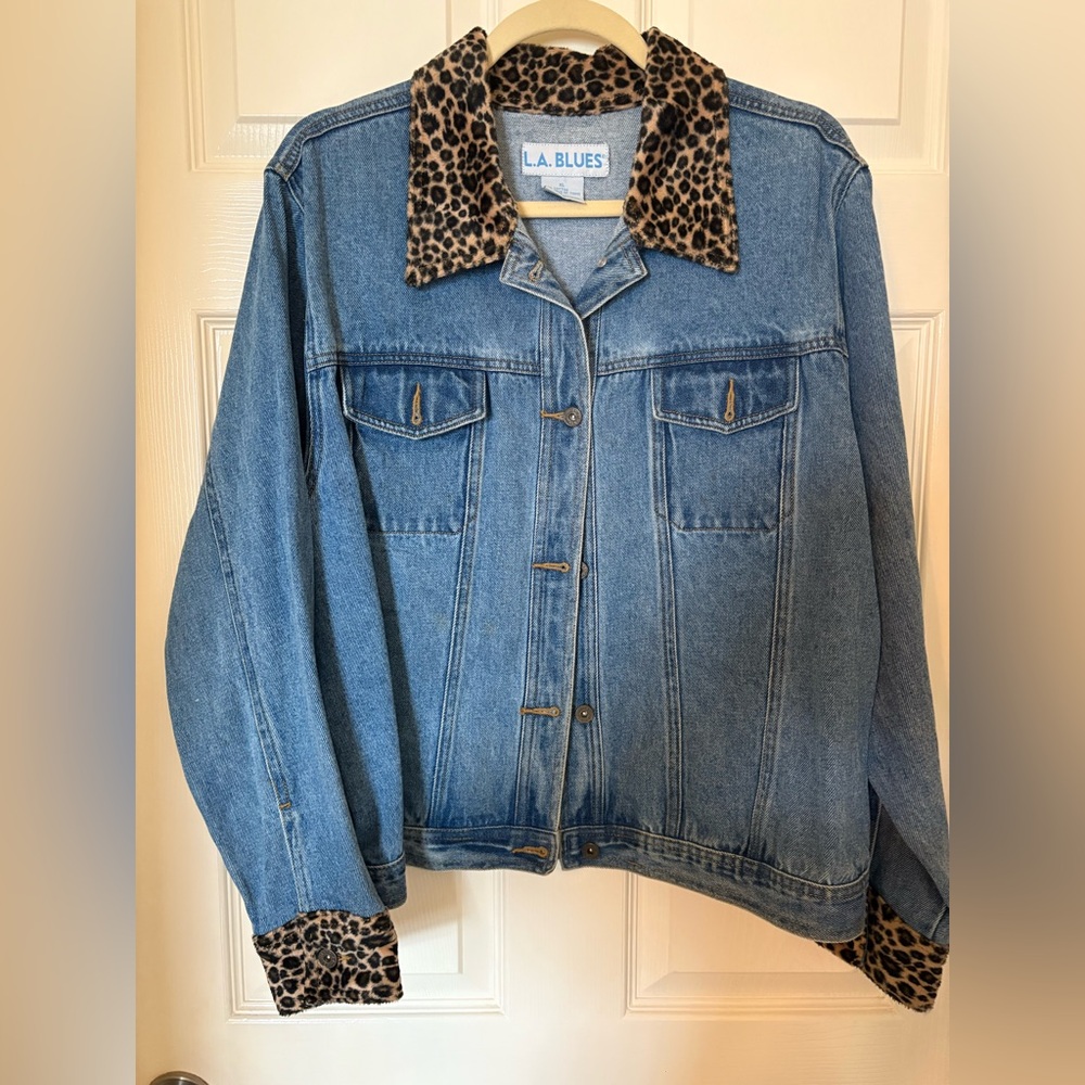 Vintage Denim Jacket with Lepoard Trim